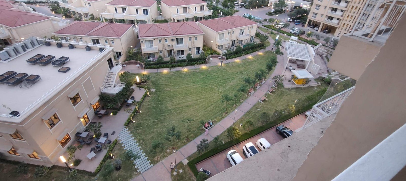 Aerial view of the Ashiana Advik villas and gardens